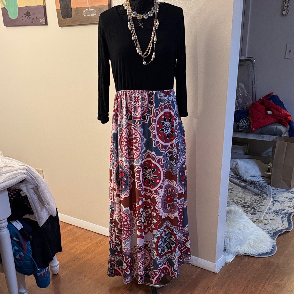 Women's Black Top Maxi Dress with Red Patterned Skirt